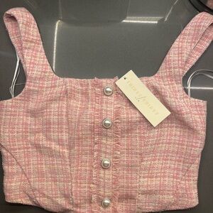 Women's Pink Tweed Pearl-Button Crop Top